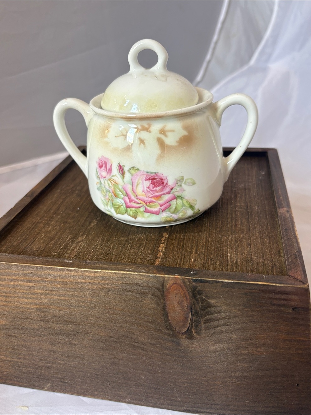 K & L Germany Cream Floral Porcelain Sugar Bowl with Pink Rose Motif